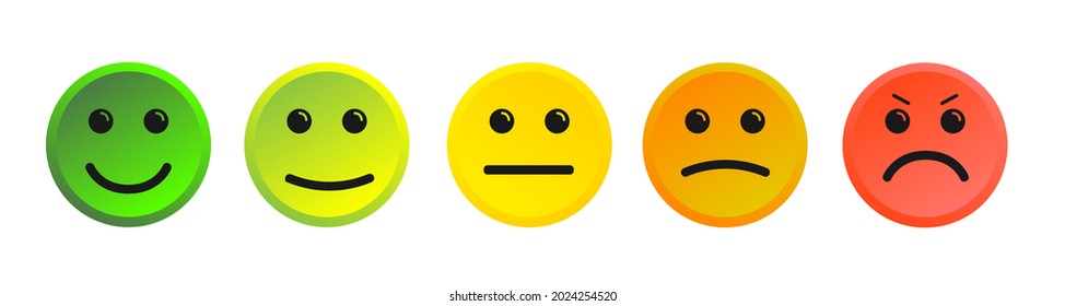 Vector illustration of facial expressions  icon set. Emoticons positive, neutral and negative red, yellow and green different moods. Rating for customer opinion.