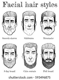 Vector illustration of facial hair styles: beards, moustaches, stubble, sideburns in different forms and types. Vintage hand drawn style.