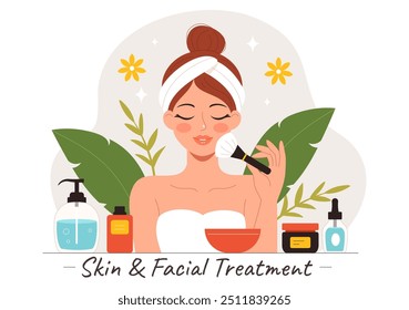 Ilustración vectorial del tratamiento facial y de la piel con el cuidado de la piel de las mujeres, los procedimientos antienvejecimiento, el masaje y el bienestar del SPA en un fondo de la historieta