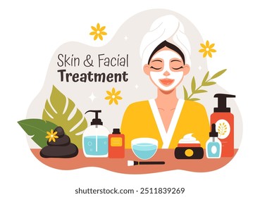 Ilustração vetorial do tratamento facial e cutâneo com cuidados da pele da mulher, procedimentos anti-envelhecimento, massagem e bem-estar do SPA em um fundo de desenhos animados