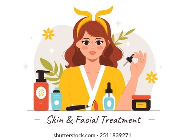 Ilustración vectorial del tratamiento facial y de la piel con el cuidado de la piel de las mujeres, los procedimientos antienvejecimiento, el masaje y el bienestar del SPA en un fondo de la historieta