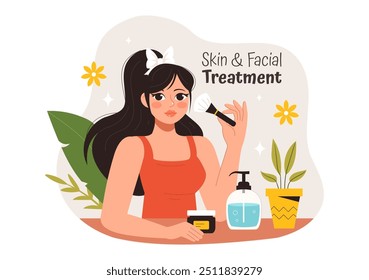 Ilustração vetorial do tratamento facial e cutâneo com cuidados da pele da mulher, procedimentos anti-envelhecimento, massagem e bem-estar do SPA em um fundo de desenhos animados