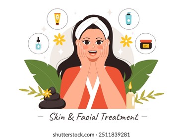 Ilustración vectorial del tratamiento facial y de la piel con el cuidado de la piel de las mujeres, los procedimientos antienvejecimiento, el masaje y el bienestar del SPA en un fondo de la historieta