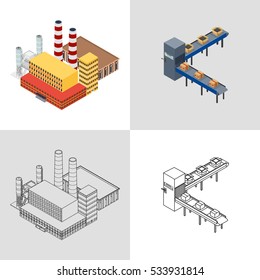 vector illustration. Factory building with an office building and production plant and automatic packaging conveyor line with boxes. Set icon colorful and outline. Isometric, 3D.