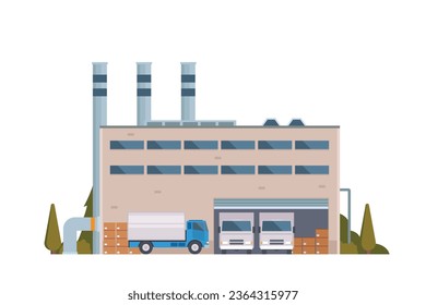 Ilustración vectorial de los edificios de fábrica vista plana y frontal para su diseño