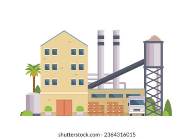 Ilustración vectorial de los edificios de fábrica vista plana y frontal para su diseño