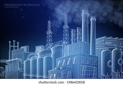 
Vector illustration of a factory close-up on a blue background, a symbol of industry, mechanical engineering and production.