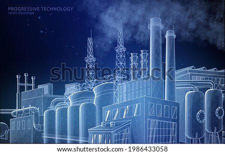 
Vector illustration of a factory close-up on a blue background, a symbol of industry, mechanical engineering and production.