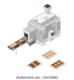 A Vector Illustration Of A Factory Cookie And Cake Machine. Isometric Confectionery Production Line. Confectionery Machine.