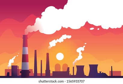 Vector illustration of a factory landscape with pipes and smoke. Minimalist modern style.