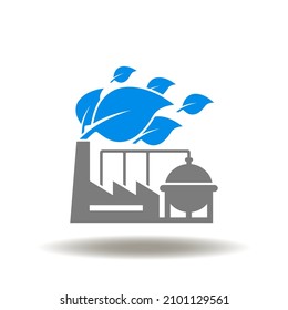 Vector Illustration Of Factory With Leaves Exhaust. Icon Of Green Emissions And Carbon Reduction. Symbol Of ESG And Industry 4.0.