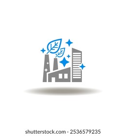 Vector illustration of factory with leaves and shine sparkle. Symbol of ecology and cleanliness industry. Icon of cleaning production.
