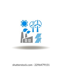 Ilustración vectorial de fábrica con hojas, turbina eólica y estación solar. Icono de fuentes de energía alternativas. Signo de reducción de CO2. Símbolo de la generación de energía verde renovable.