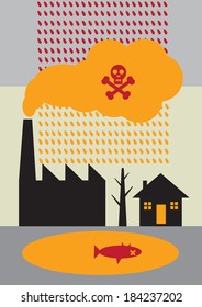 A vector illustration of factory pollution from a chimney, mixing with rain and falling on trees, house and a lake.