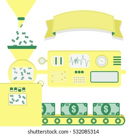 Vector illustration of factory producing banknotes. Money production from dollar bill. Empty ribbon for insert text. Conceptual. Metaphorical. Imaginative.