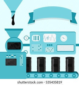 Vector illustration of factory producing barrels of oil. Barrel of oil production from black liquid, petroleum. Empty ribbon for insert text.