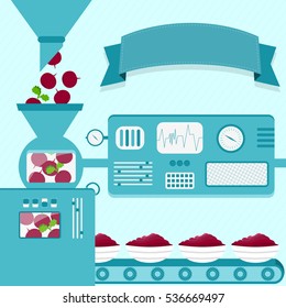 Vector illustration of factory producing beet cream. Sugar beet cream production from fresh beets. Empty ribbon for insert text.