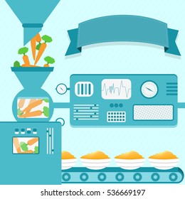 Vector illustration of factory producing carrot cream. Carrot cream production from fresh carrot. Empty ribbon for insert text.