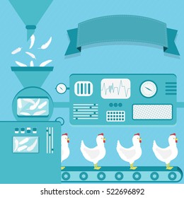 Vector illustration of factory producing chickens. Chickens production from feathers. Empty ribbon for insert text. Concept. Metaphorical. Imaginative.