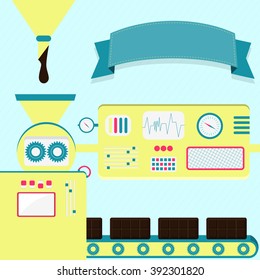Vector illustration of factory producing chocolate. Chocolate bar production from liquid chocolate. Empty ribbon for insert text.