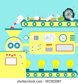 Vector illustration of factory producing energy (electric lamp) from garbage. Industrial production. Conceptual.