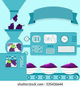 Vector illustration of factory producing grape cream. Grape cream production from fresh grape fruit. Empty ribbon for insert text.