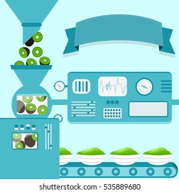 Vector illustration of factory producing kiwifruit cream. Kiwi cream production from fresh  kiwifruit. Empty ribbon for insert text.