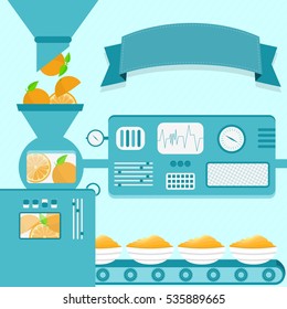 Vector illustration of factory producing orange fruit cream. Orange cream production from fresh orange fruit. Empty ribbon for insert text.