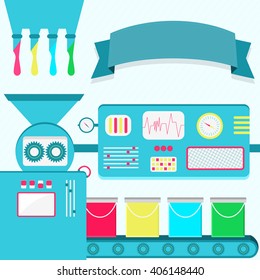Vector illustration of factory producing paint pails. Paint pail production from liquid colors. Empty ribbon for insert text.