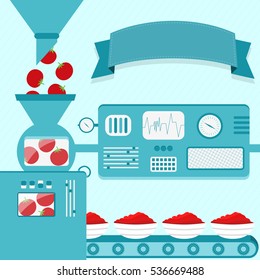 Vector illustration of factory producing tomato cream. Tomato cream production from fresh tomato. Empty ribbon for insert text.