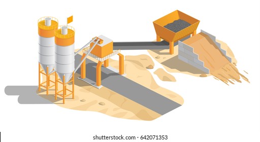 Vector illustration of a factory for the production of concrete, conveyor, tower storage. Isometric view from the top.