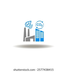 Vector illustration of factory production with leaves and CO2 reduction. Symbol of carbon capture. Icon of carbon dioxide reduce.