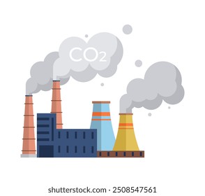 A vector illustration of a factory with smokestacks emitting CO2 on a white background, representing industrial pollution, climate impact, and environmental awareness. Suitable for eco campaigns.