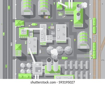 Vector illustration. Factory top view. Production, industry, transportation, technology. Plant view from above.