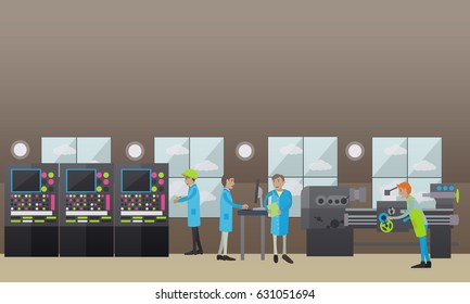 Vector illustration of factory turner using turning machine to make metal parts. Engineer and other factory workers controlling production flat style design elements. Industrial concept.