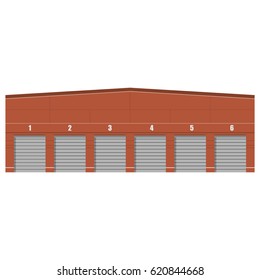 Vector illustration of factory or warehouse for cargo delivery with six doors. Storage building