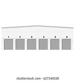 Vector illustration of factory or warehouse for cargo delivery with six doors. Storage building