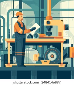 Vector illustration of factory worker at his industrial workplace. Manufacturing machinery engineer wearing uniform and helmet. Production equipment flat design background.