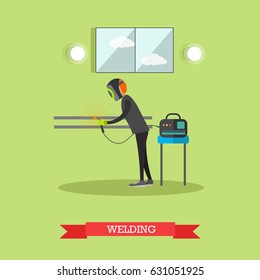 Vector illustration of factory worker in welding mask using welding equipment. Metalworking, welder concept design element in flat style.