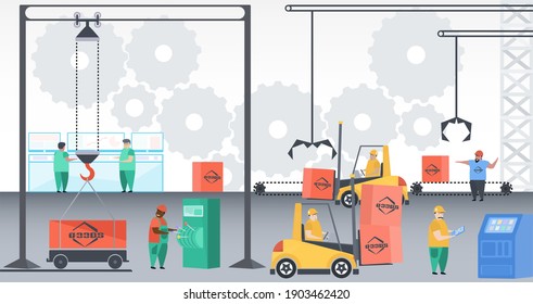 Vector illustration. Factory workers. cardboard boxes of the industrial conveyor line. Factory construction machinery technological equipment, engineering structure stroke vector illustration.