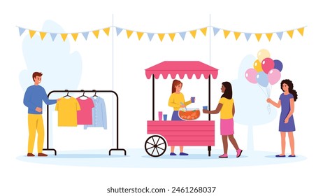 Ilustración vectorial de una feria. Escena de dibujos animados de feria con guirnaldas, venta de niño y niña: perchas con diferentes ropas, bebida con cubos de hielo, hojas de menta, bolas de colores aislados sobre fondo blanco.