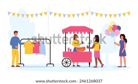 Vector illustration of a fair. Cartoon scene of fair with garlands, boy and girl selling: hangers with different clothes, drink with ice cubes, mint leaves, colored balls isolated on white background.