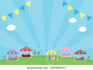 Vector illustration of a fairground with tents, flags and garlands