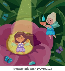 Vector illustration of fairies in the early morning: they collect dew, bask in the first rays of the sun. Suitable for poster, poster, children's book or magazine.
