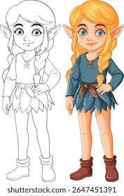 Ilustração vetorial de uma fada com tranças loiras, vestindo uma roupa azul. Inclui versões coloridas e de estrutura de tópicos