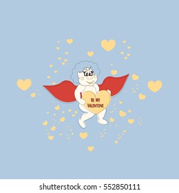 Vector illustration of fairy boy with a heart. Greeting card for Valentine's Day, backgrounds with hearts.