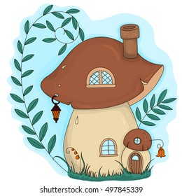 Vector illustration. Fairy cartoon mushroom house.