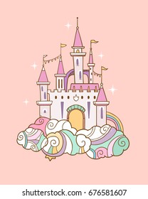 ilustração vetorial com castelo de nuvem de fadas no fundo rosa