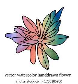 Vector illustration of fairy flower with black contour and rainbow watercolor filling isolated on the white background. Symbol of nature, freedom for your design