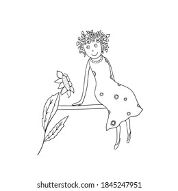 Vector illustration of fairy girl with flower. Cartoon character. Coloring book page.